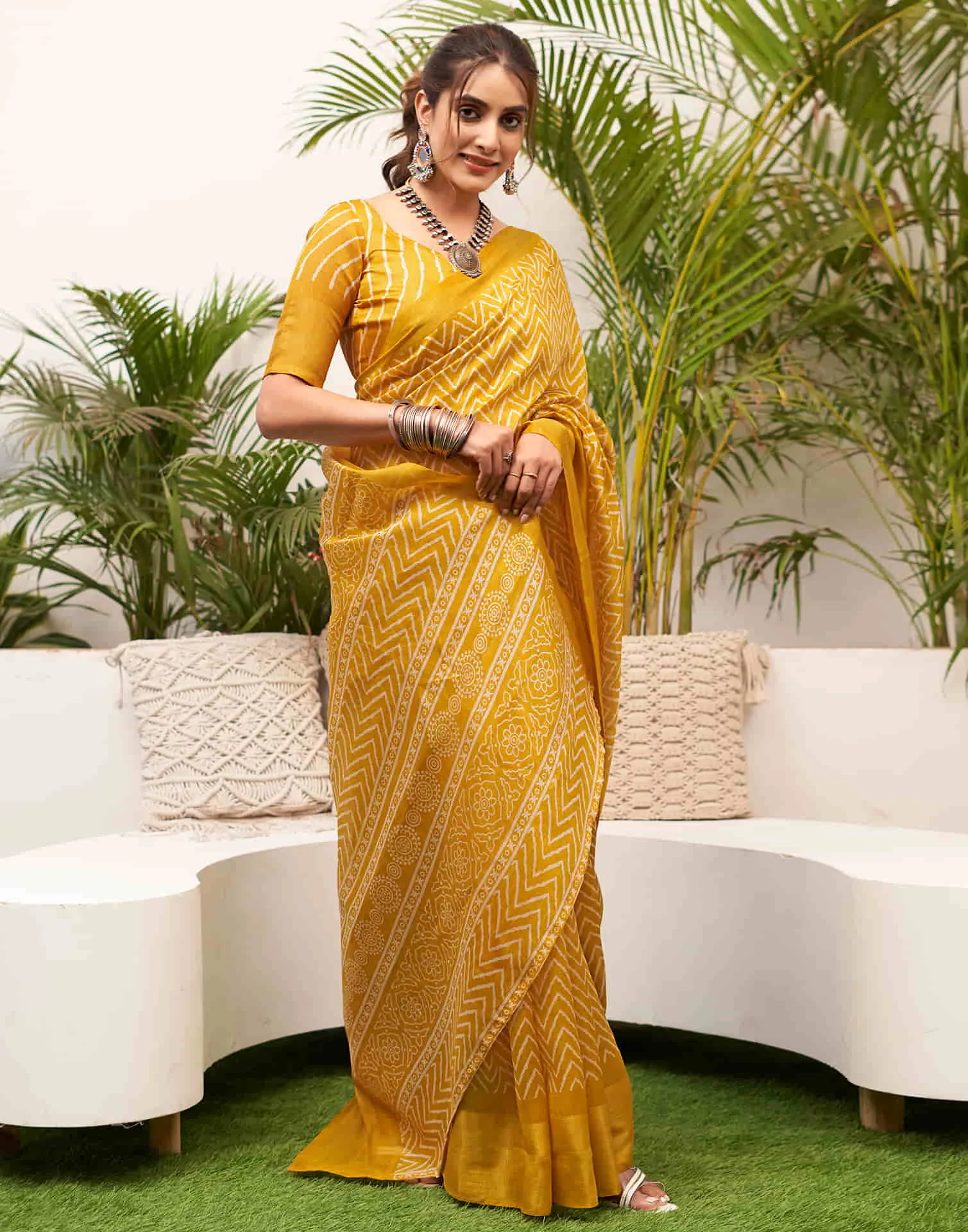 Turmeric Yellow Cotton Printed Saree