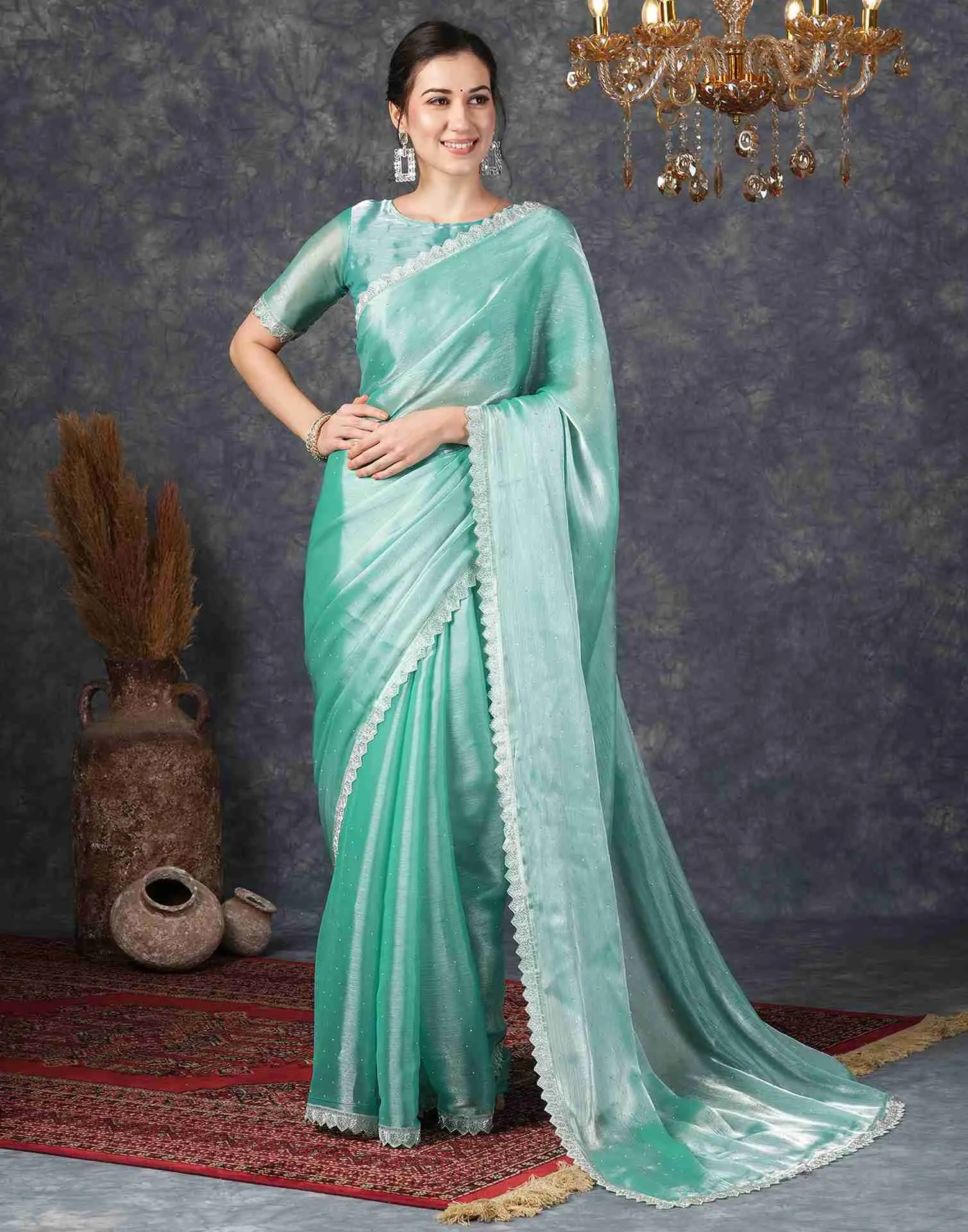 Turquoise Chiffon Plain Jimmy Choo Saree