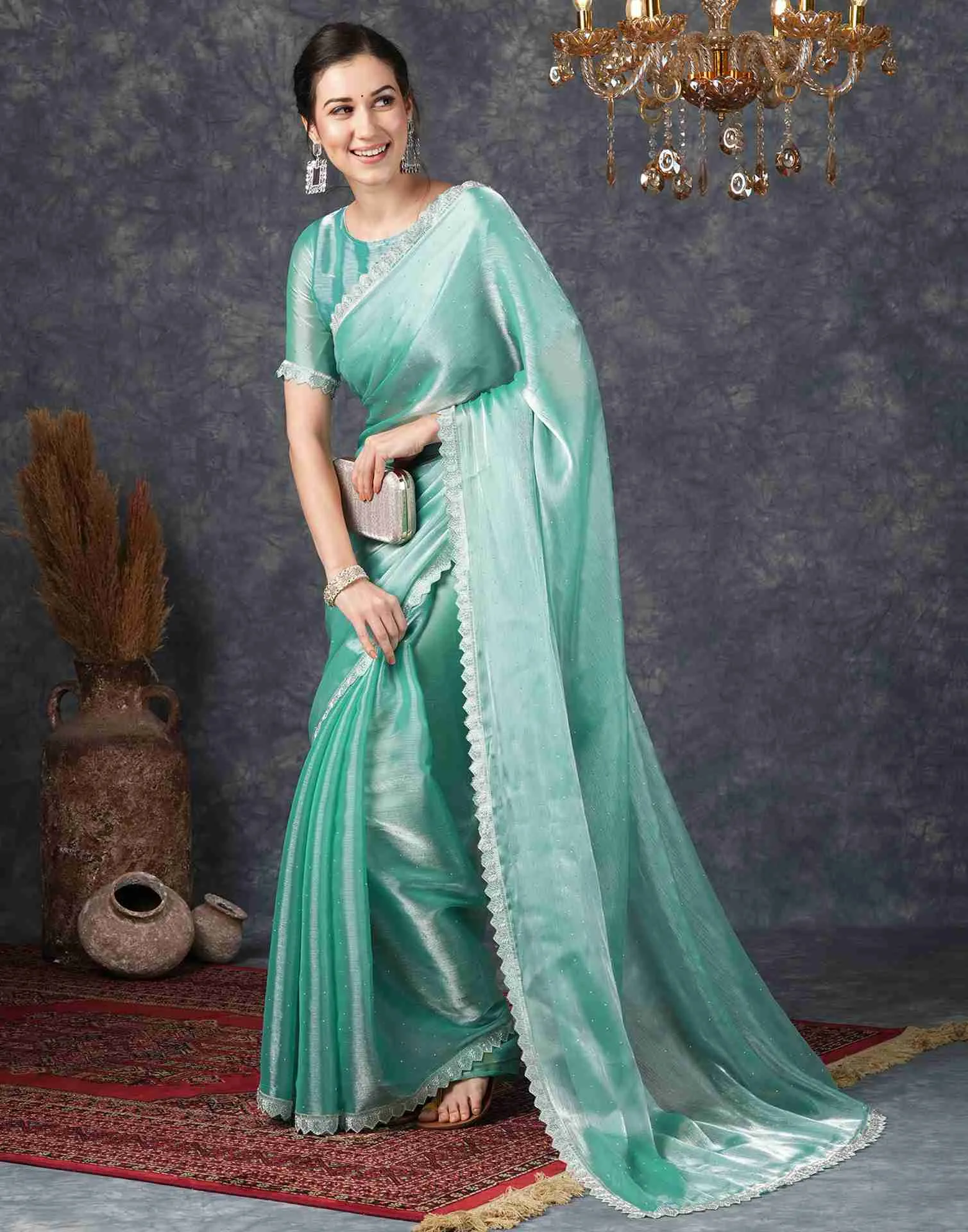 Turquoise Chiffon Plain Jimmy Choo Saree