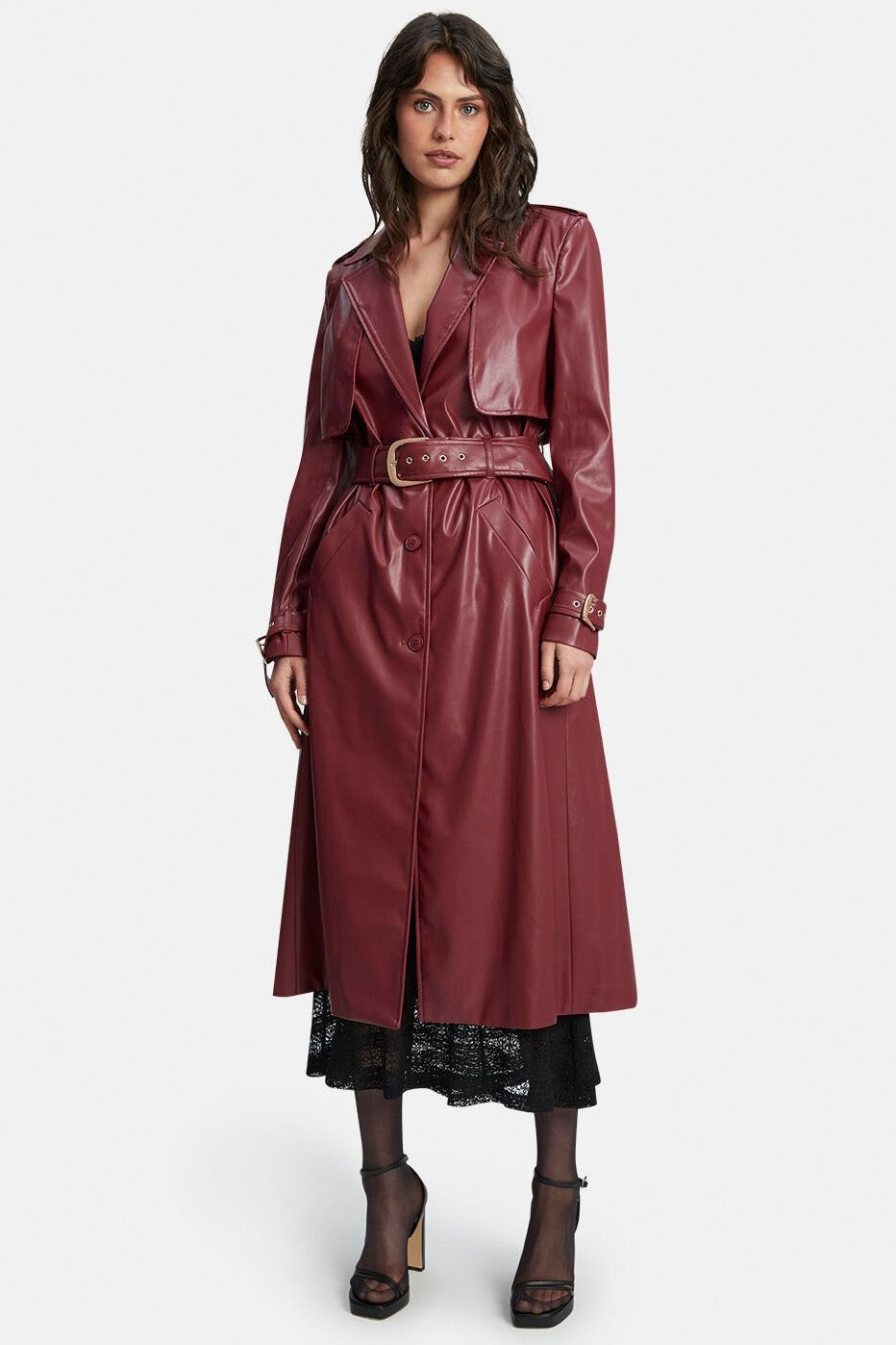 Vegan Leather Trench Coat - Burgundy