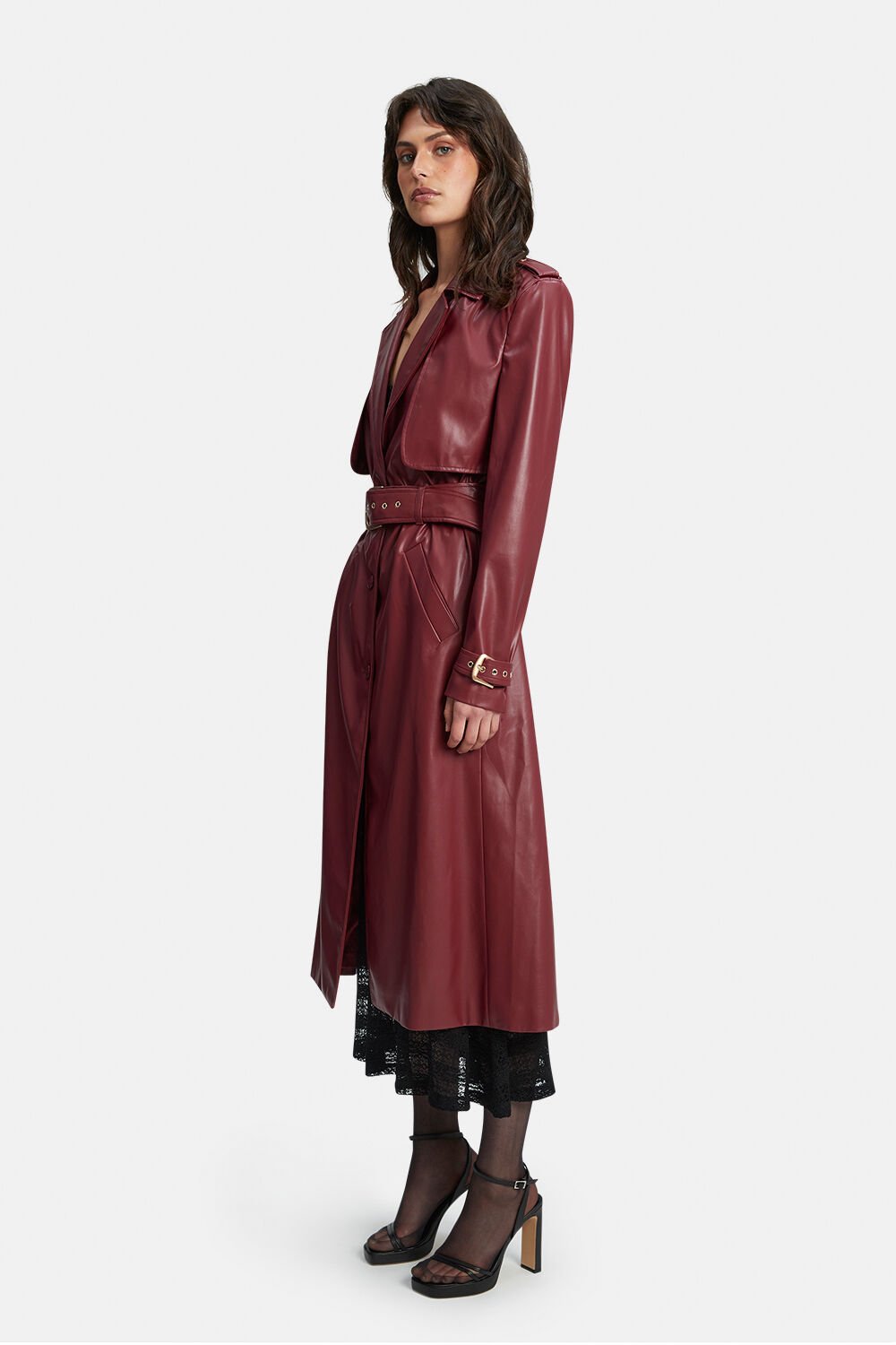 Vegan Leather Trench Coat - Burgundy