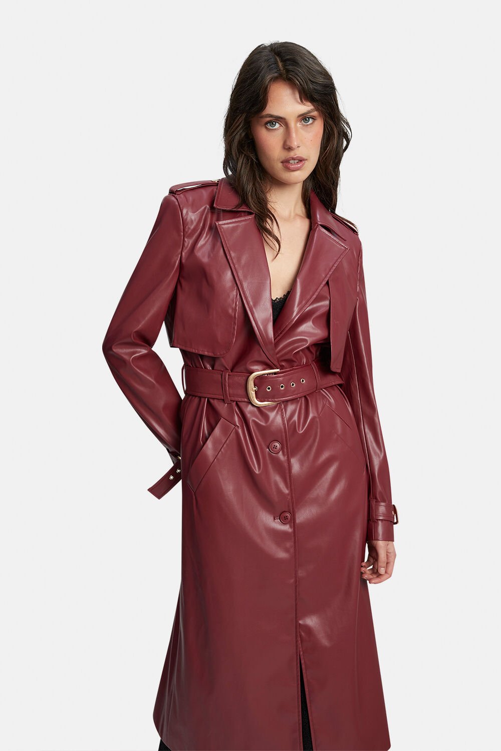 Vegan Leather Trench Coat - Burgundy