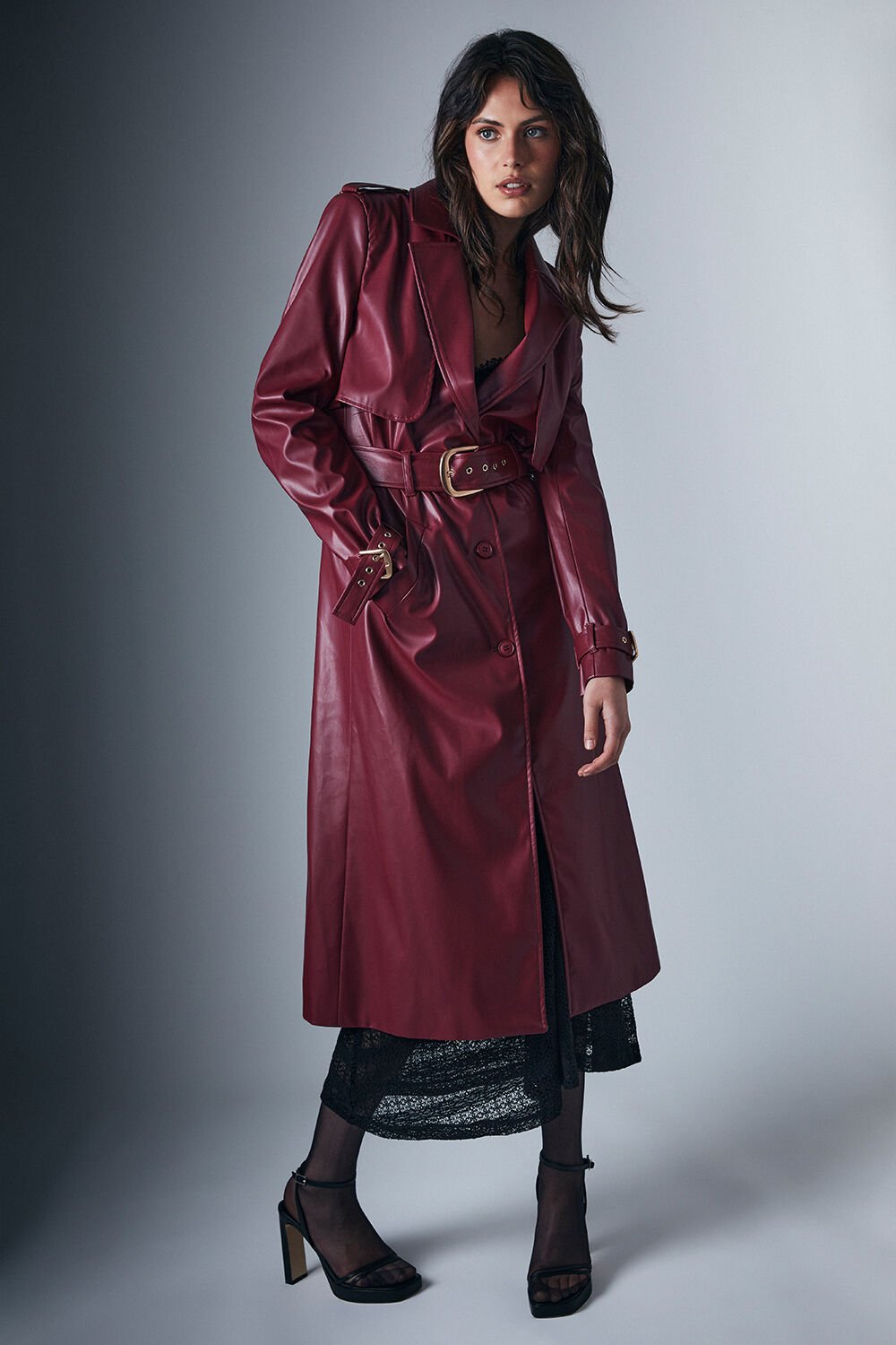 Vegan Leather Trench Coat - Burgundy