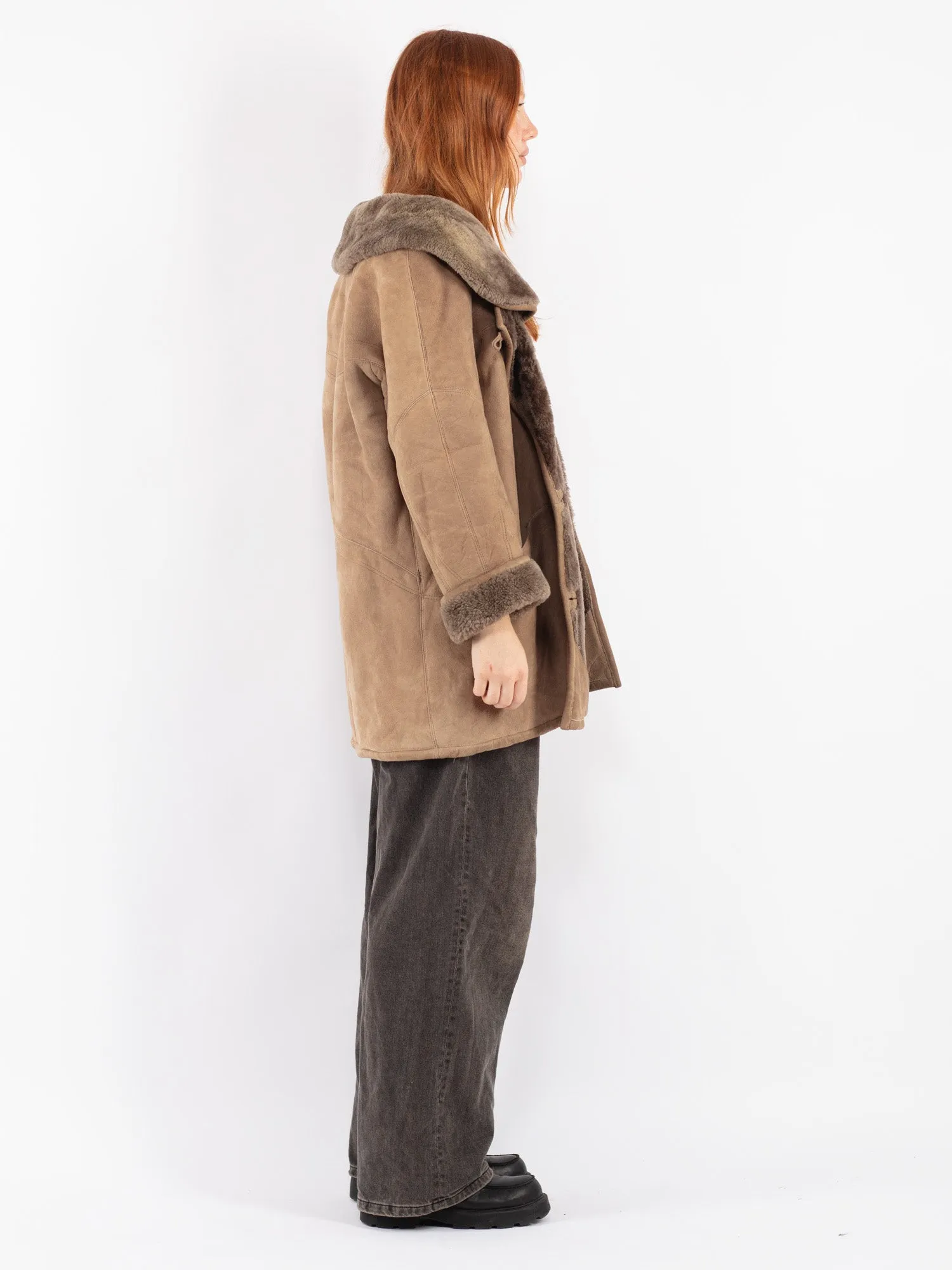 Vintage 80's Women Sheepskin Shearling Coat in Beige