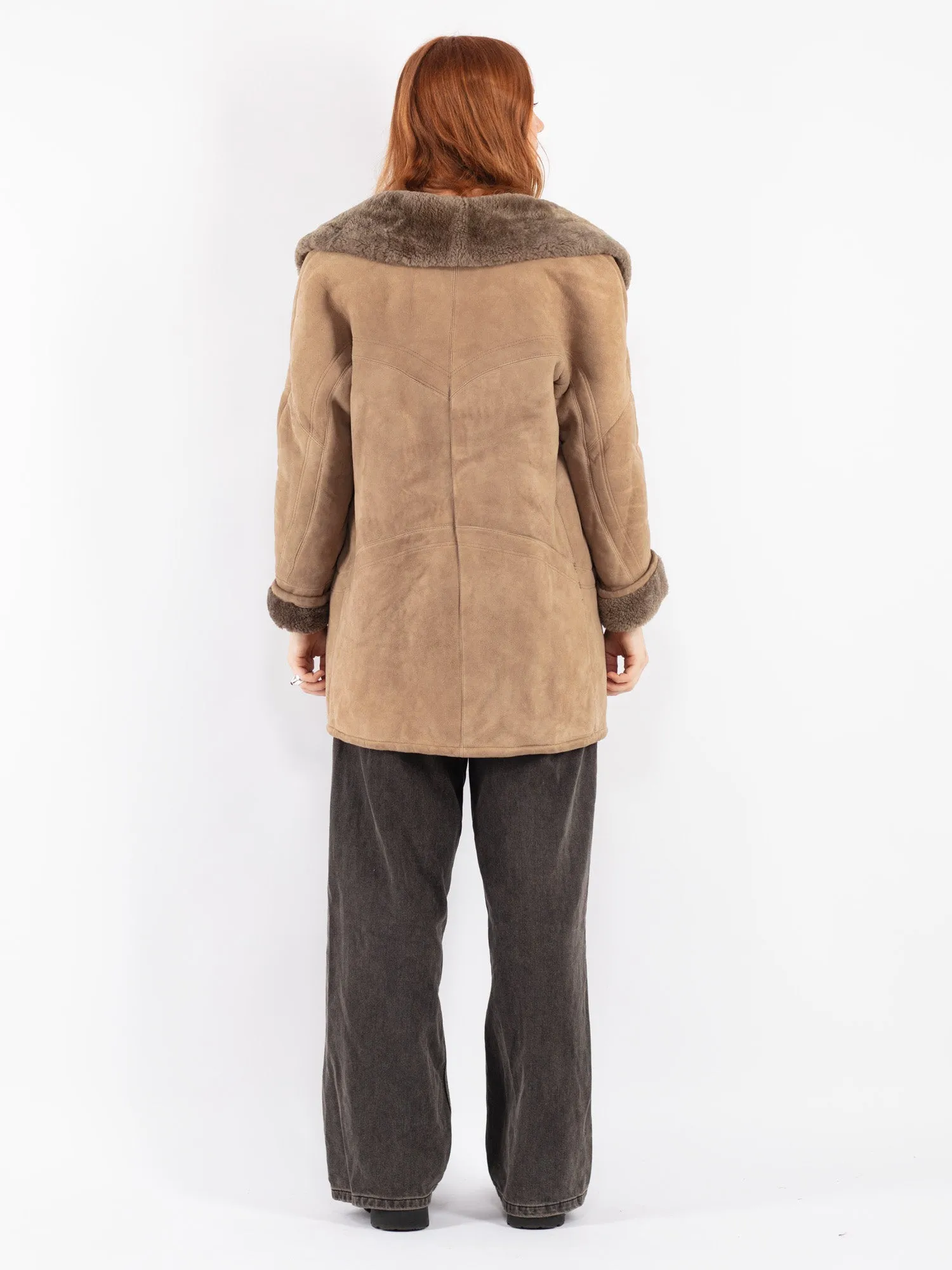 Vintage 80's Women Sheepskin Shearling Coat in Beige