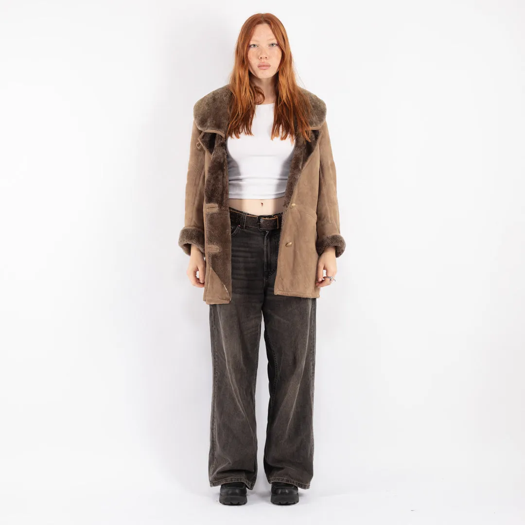 Vintage 80's Women Sheepskin Shearling Coat in Beige