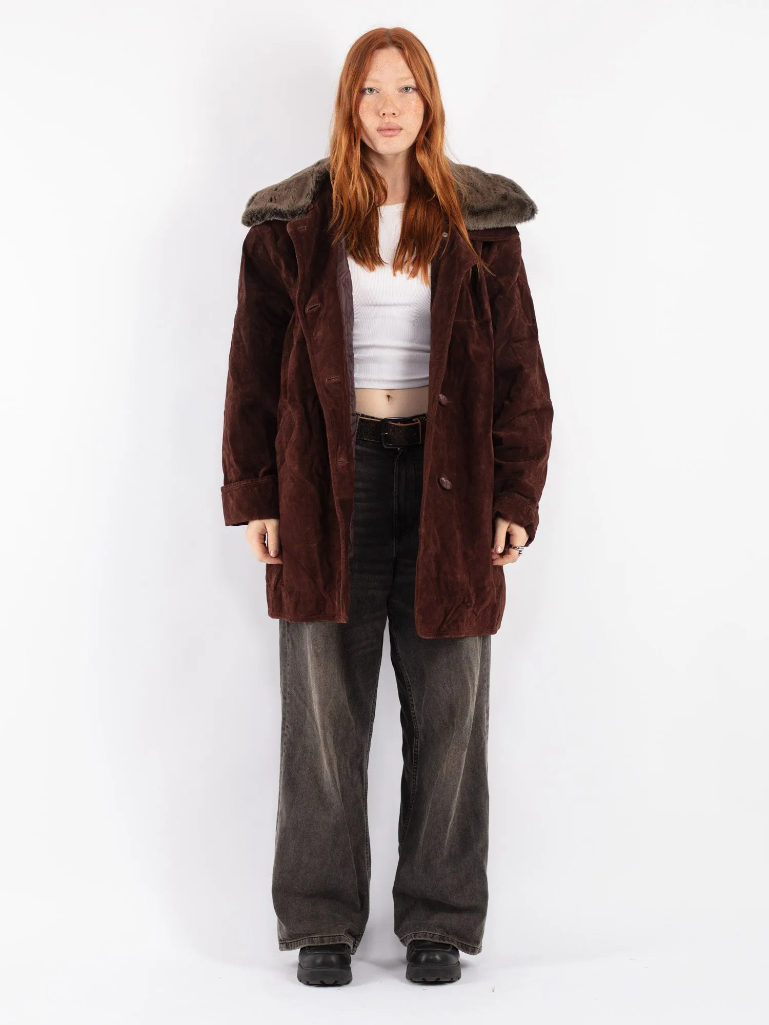 Vintage 90's Women Suede Sherpa Coat in Brown