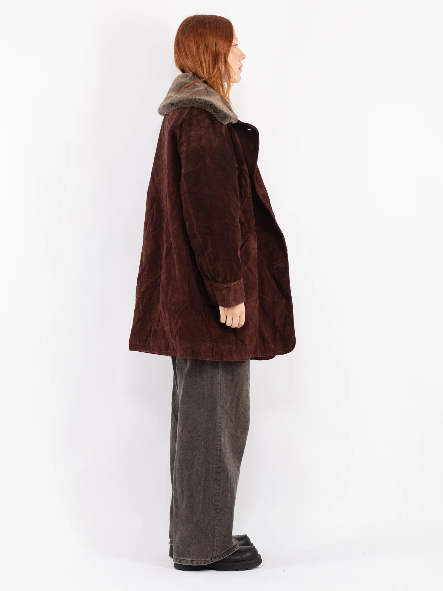 Vintage 90's Women Suede Sherpa Coat in Brown