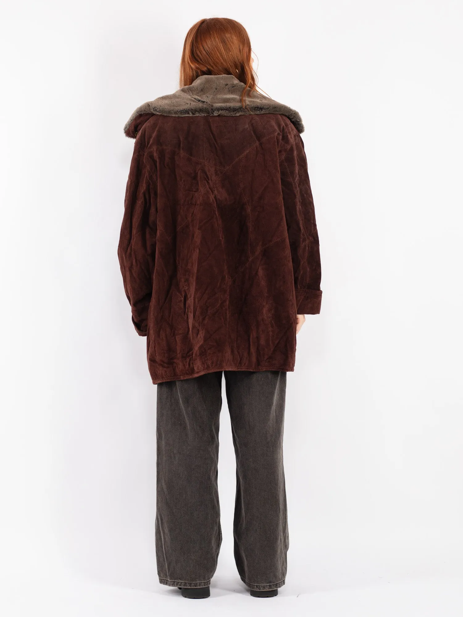 Vintage 90's Women Suede Sherpa Coat in Brown