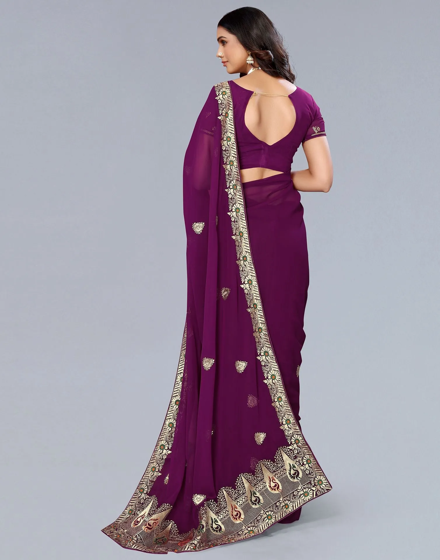 Wine Embroidery Saree