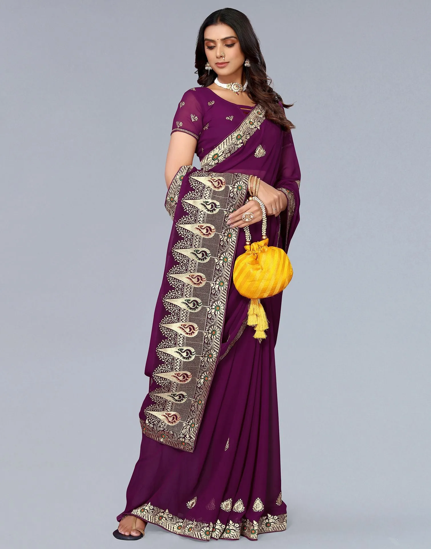 Wine Embroidery Saree