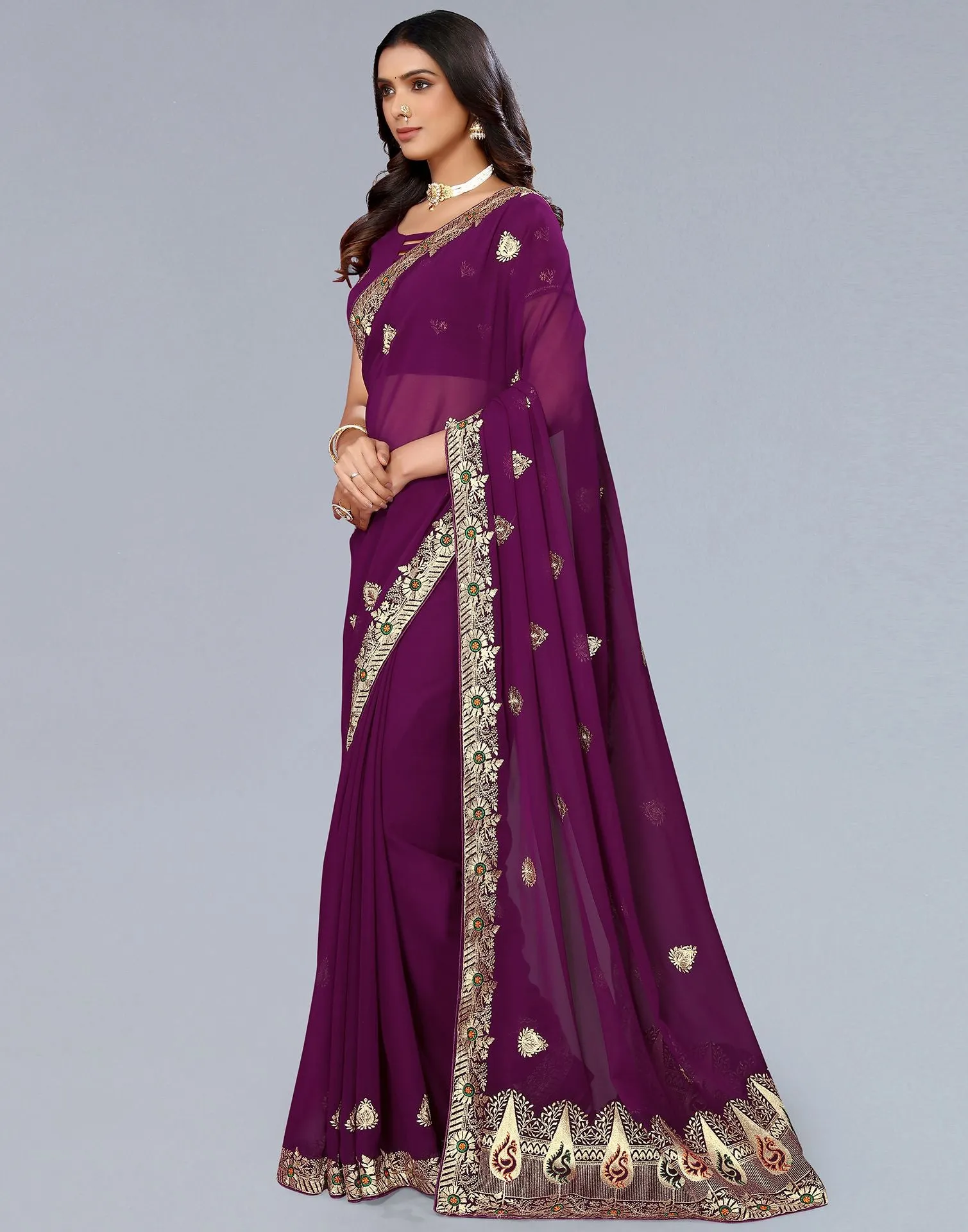 Wine Embroidery Saree