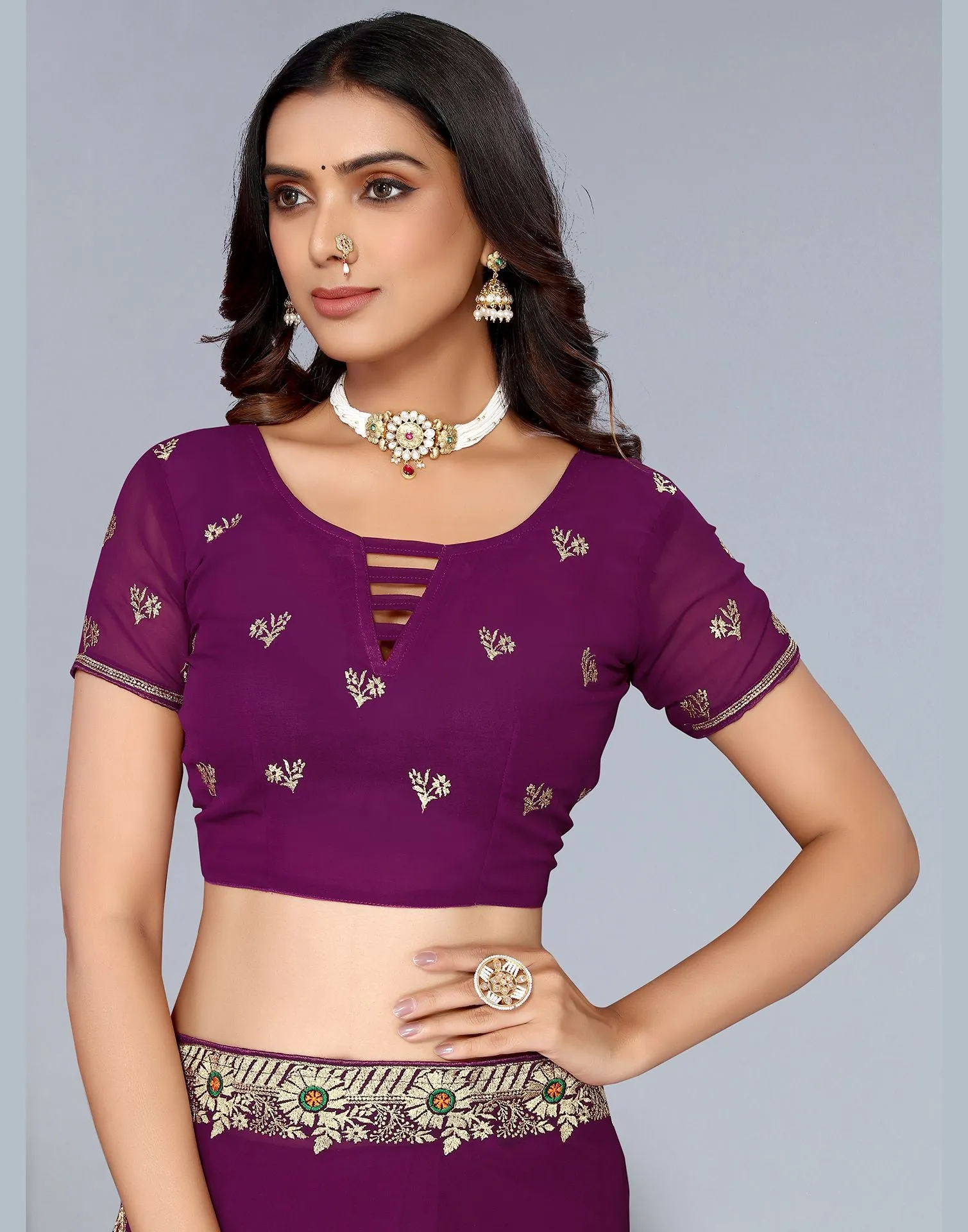 Wine Embroidery Saree