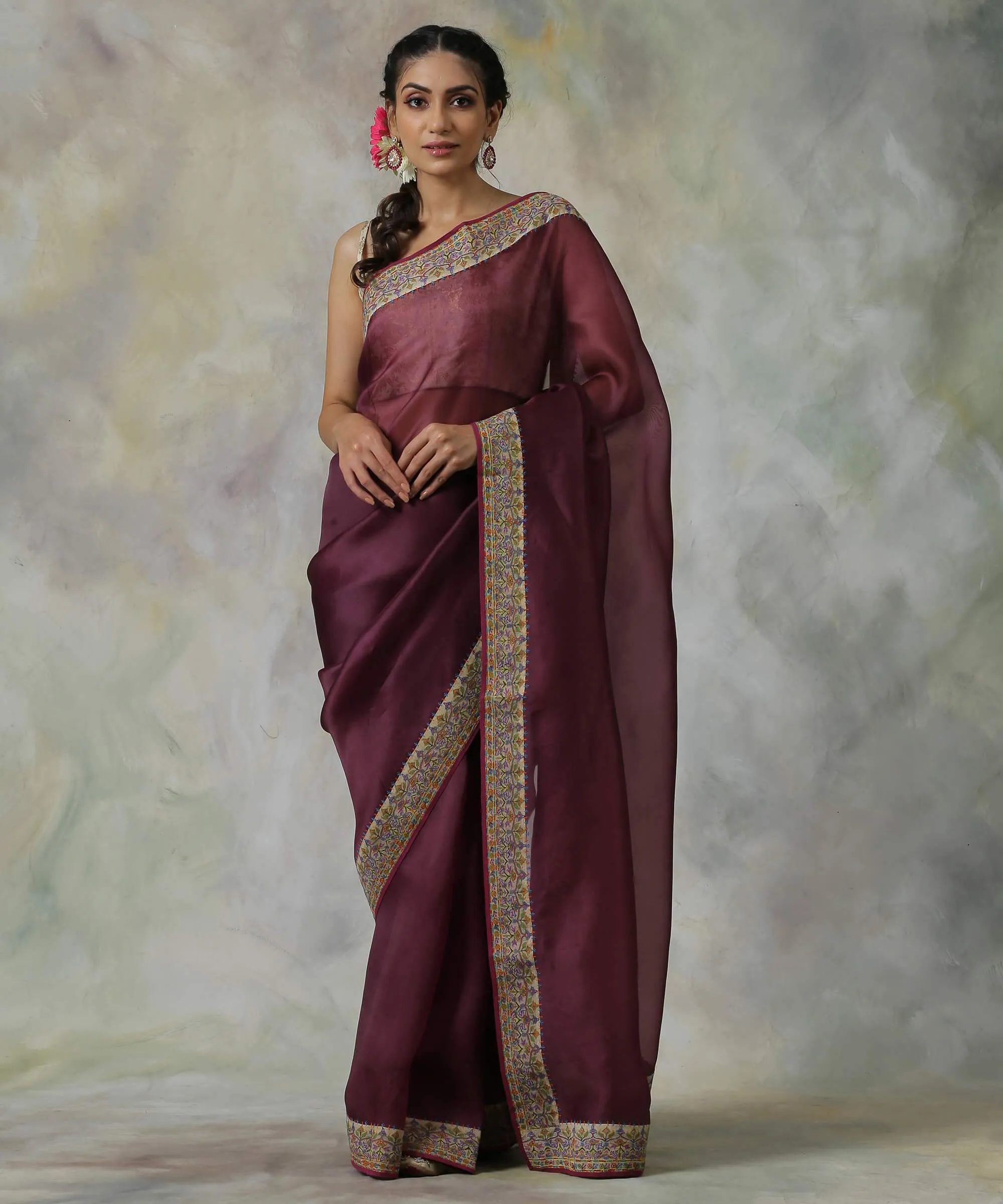 Wine Handloom Organza Saree with Hand Appliqued Sozni Needle Work Border