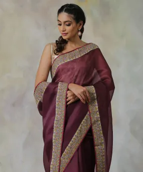 Wine Handloom Organza Saree with Hand Appliqued Sozni Needle Work Border