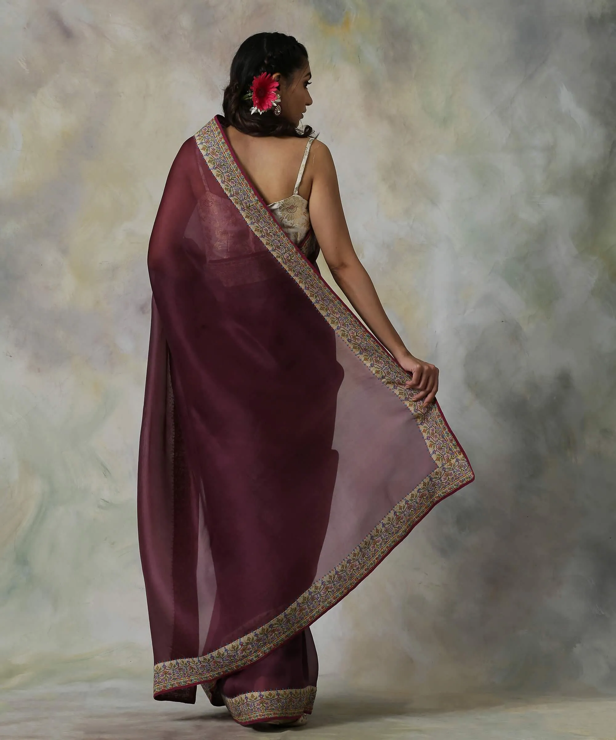 Wine Handloom Organza Saree with Hand Appliqued Sozni Needle Work Border