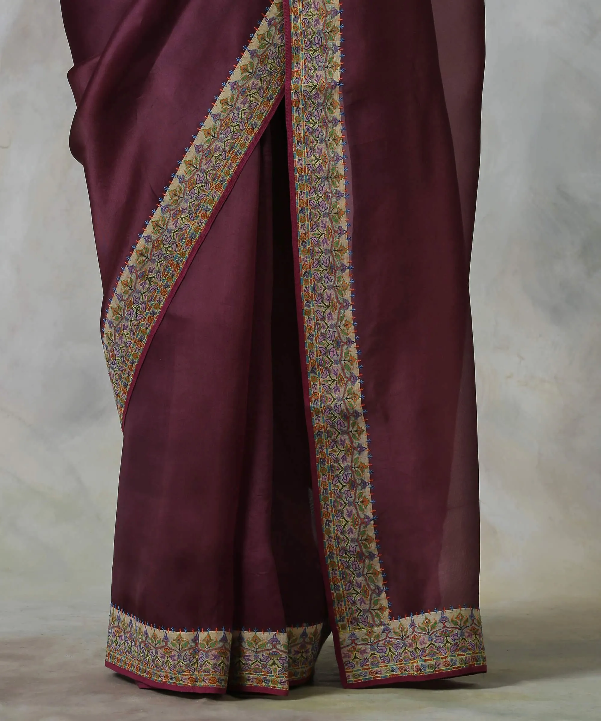 Wine Handloom Organza Saree with Hand Appliqued Sozni Needle Work Border