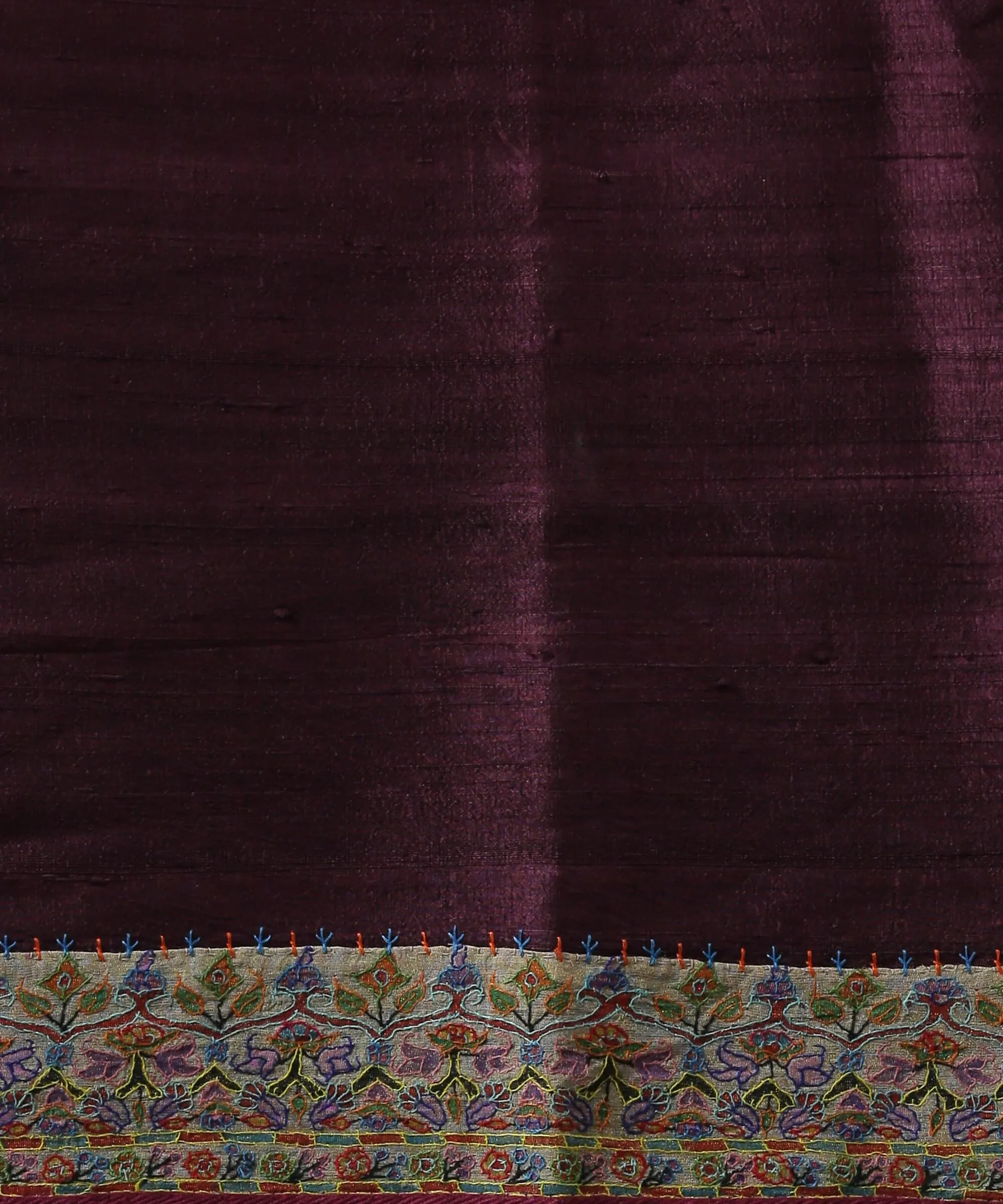 Wine Handloom Organza Saree with Hand Appliqued Sozni Needle Work Border