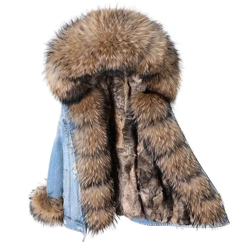 Winter Denim Jacket Parka Winter Women Parkas Real Fur Collar Coat Natural Raccoon Fur Hood Real Rabbit Fur Liner Luxury