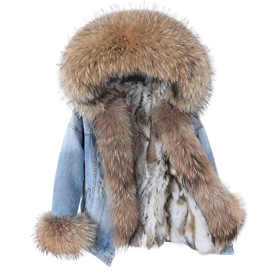 Winter Denim Jacket Parka Winter Women Parkas Real Fur Collar Coat Natural Raccoon Fur Hood Real Rabbit Fur Liner Luxury