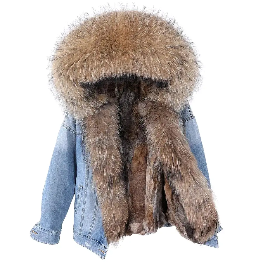 Winter Denim Jacket Parka Winter Women Parkas Real Fur Collar Coat Natural Raccoon Fur Hood Real Rabbit Fur Liner Luxury