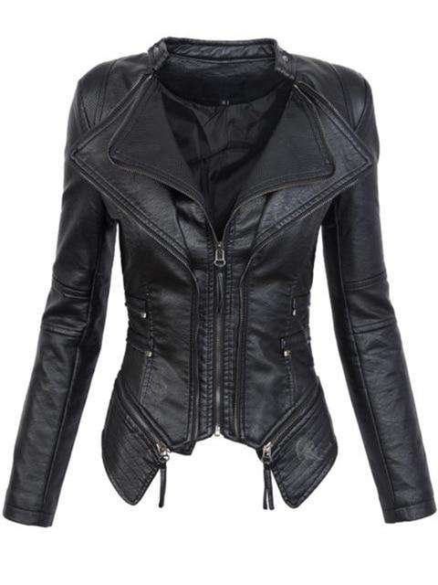 Winter Women's Gothic Black Faux Synthetic Leather Motorcycle Jacket