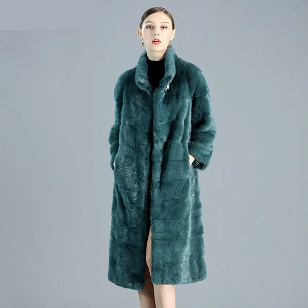 Women's Casual Fashion Green Warm Double-faced Real Fur Long Winter Jacket