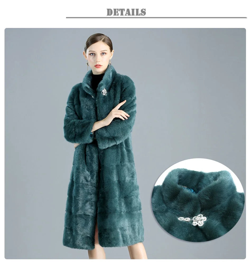 Women's Casual Fashion Green Warm Double-faced Real Fur Long Winter Jacket