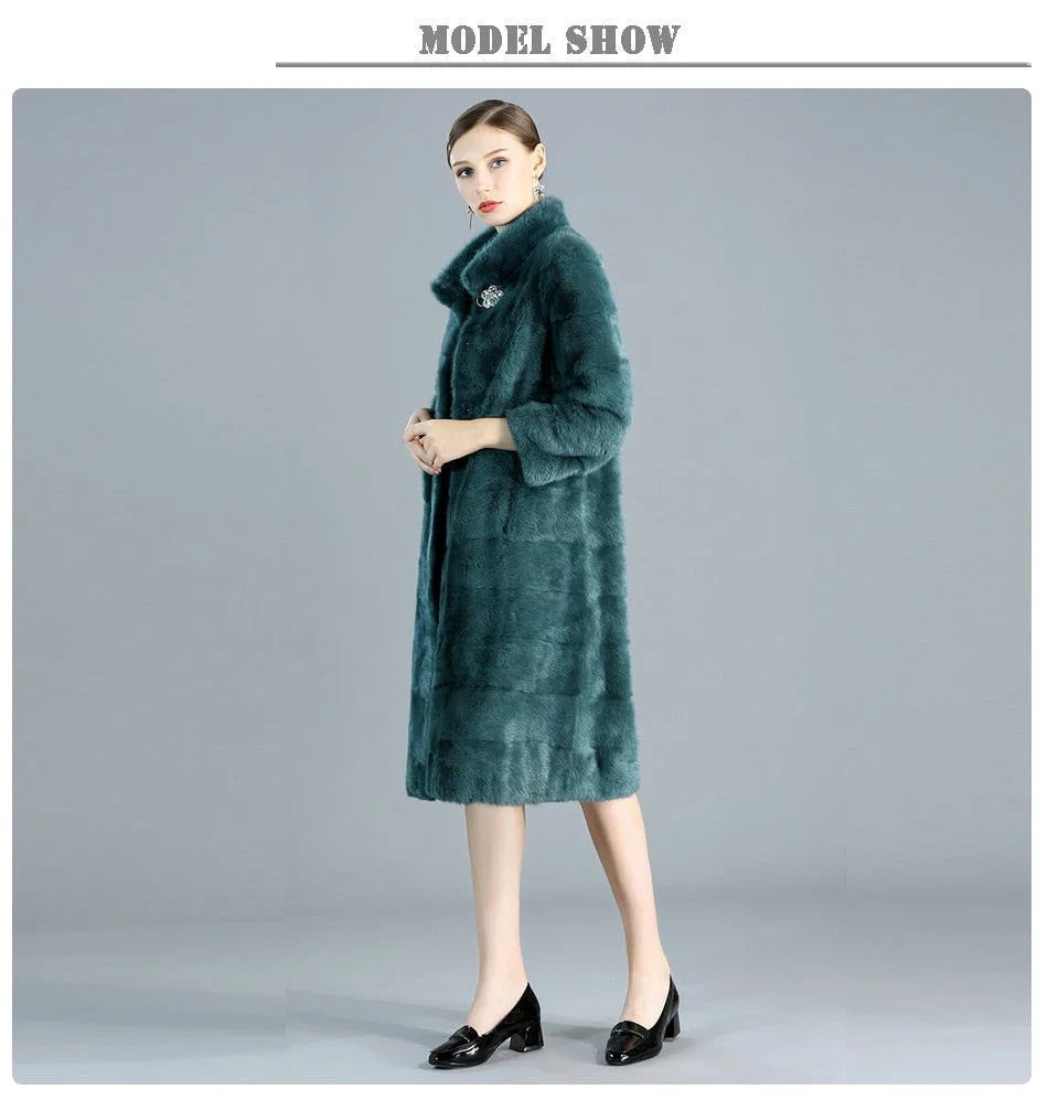 Women's Casual Fashion Green Warm Double-faced Real Fur Long Winter Jacket