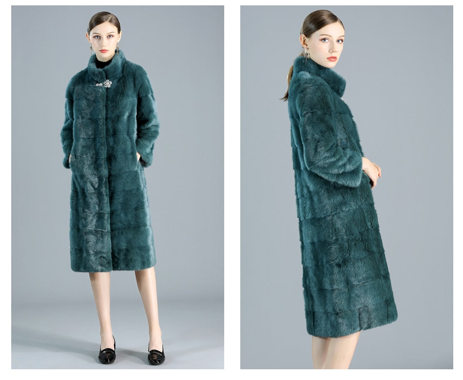 Women's Casual Fashion Green Warm Double-faced Real Fur Long Winter Jacket