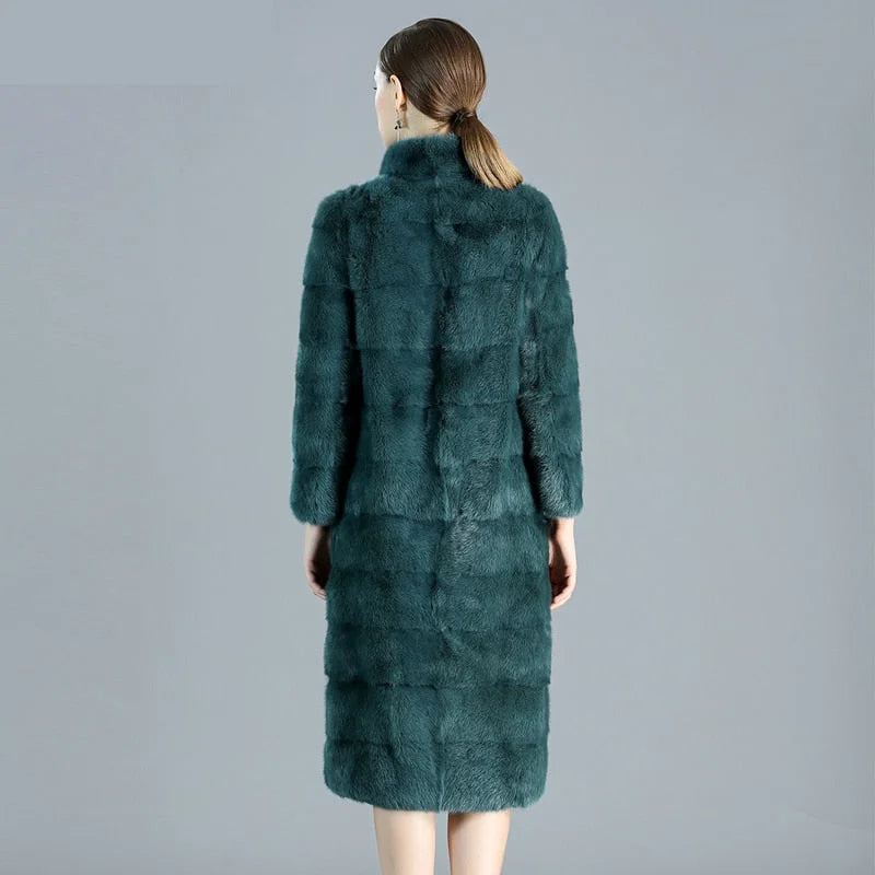 Women's Casual Fashion Green Warm Double-faced Real Fur Long Winter Jacket