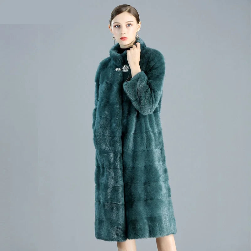 Women's Casual Fashion Green Warm Double-faced Real Fur Long Winter Jacket