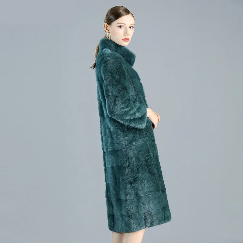 Women's Casual Fashion Green Warm Double-faced Real Fur Long Winter Jacket