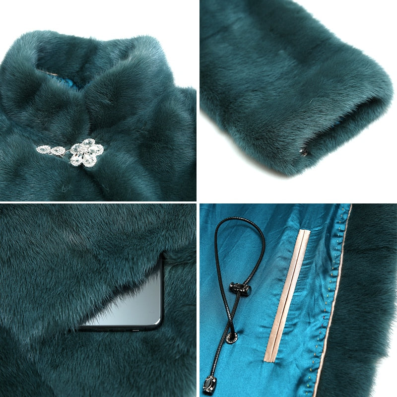 Women's Casual Fashion Green Warm Double-faced Real Fur Long Winter Jacket