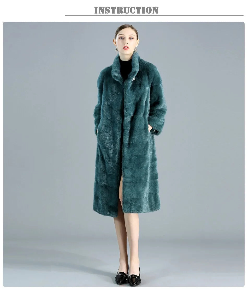 Women's Casual Fashion Green Warm Double-faced Real Fur Long Winter Jacket