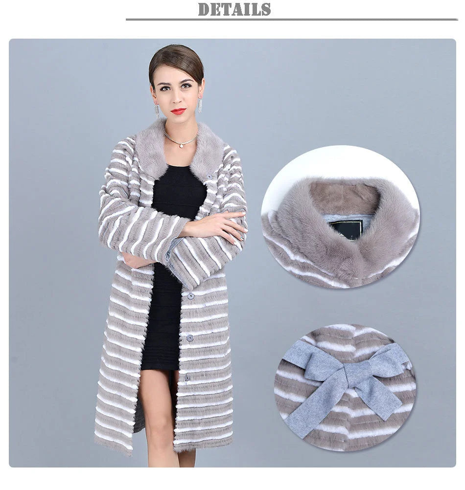 Women's Casual Warm Natural Mink Fur Knitted Long Jackets with Belt