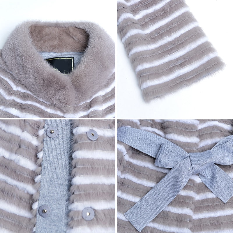 Women's Casual Warm Natural Mink Fur Knitted Long Jackets with Belt