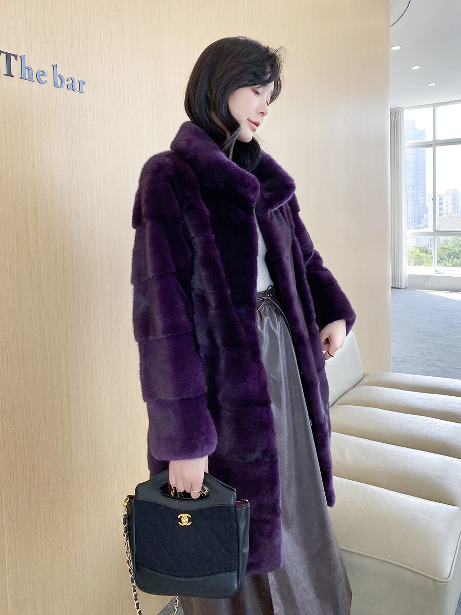 Women's Casual Warm Real Mink Fur Slim Long Winter Jacket Outwear