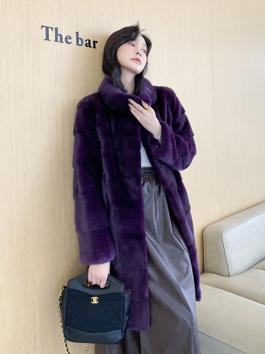 Women's Casual Warm Real Mink Fur Slim Long Winter Jacket Outwear