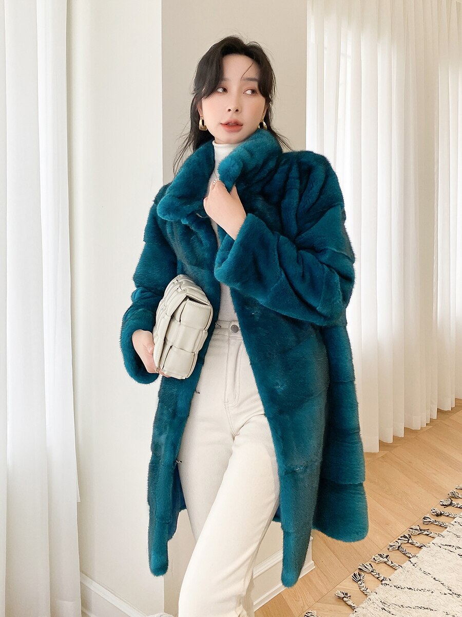 Women's Casual Warm Real Mink Fur Slim Long Winter Jacket Outwear