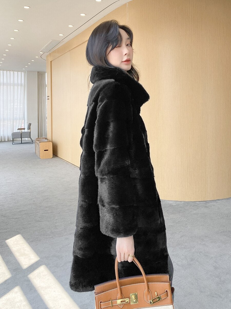 Women's Casual Warm Real Mink Fur Slim Long Winter Jacket Outwear