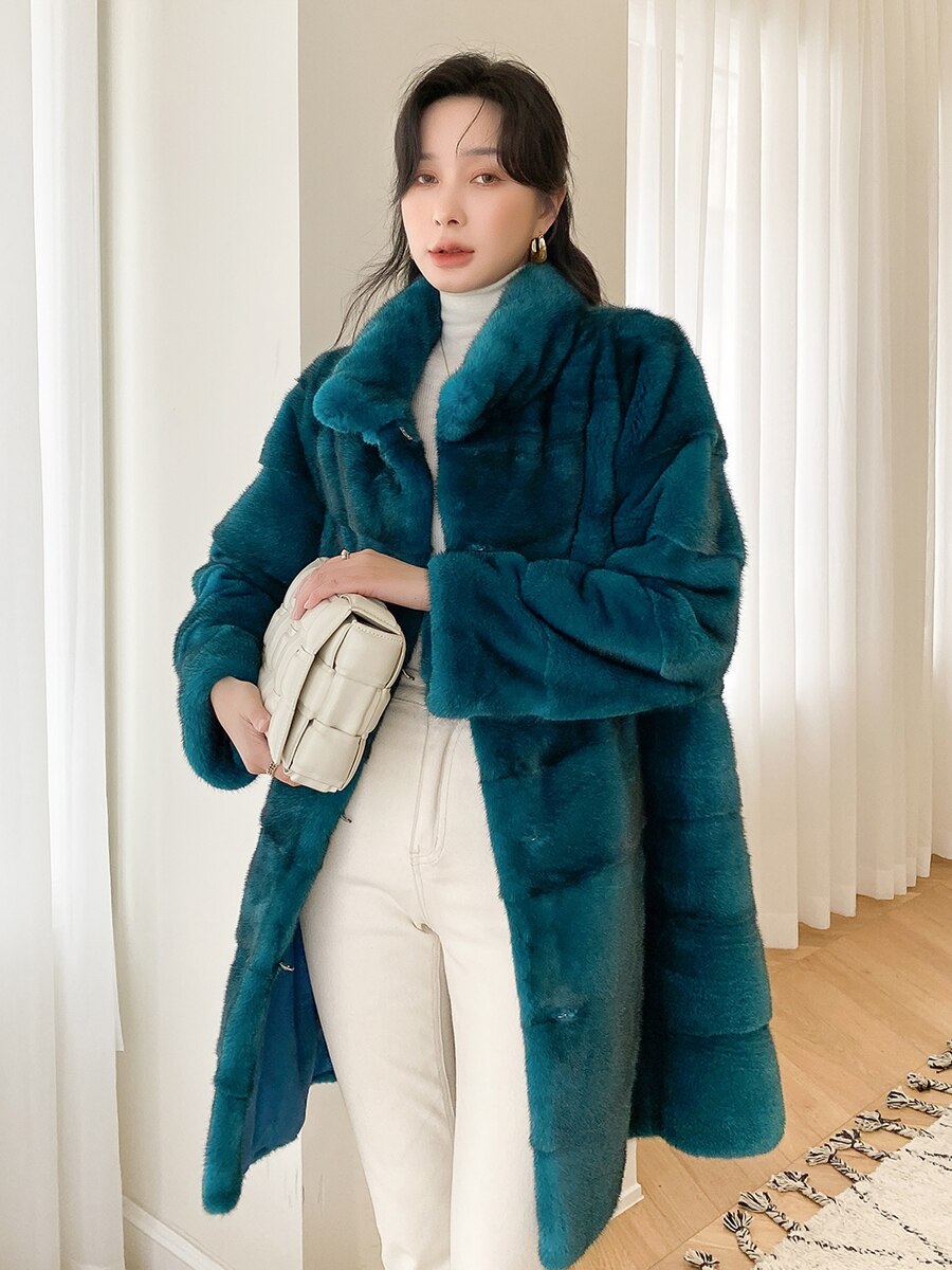 Women's Casual Warm Real Mink Fur Slim Long Winter Jacket Outwear