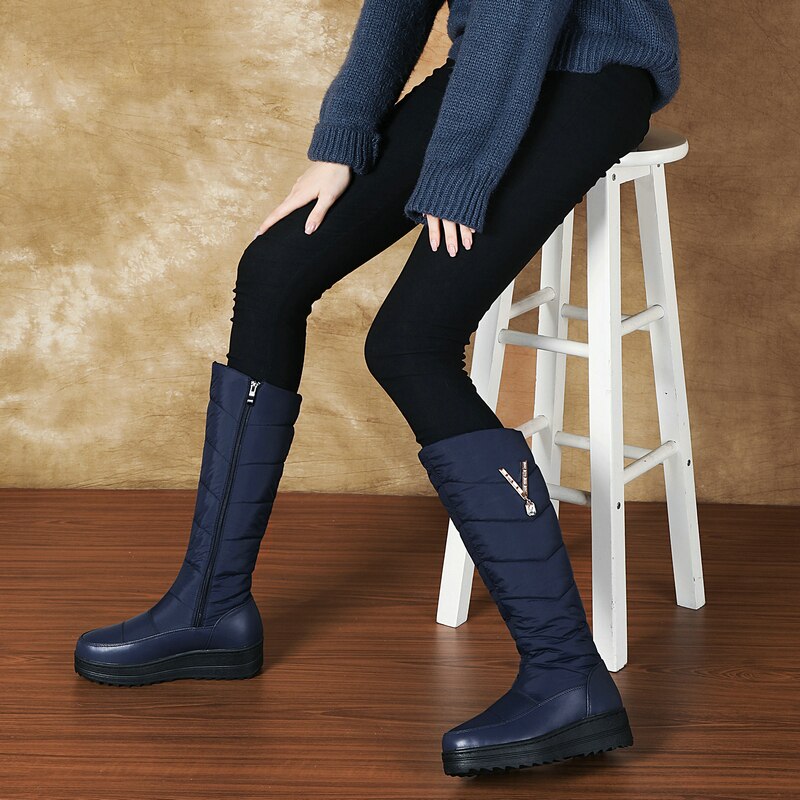 Women's Cozy Soft Winter Snow Warm Round Toe Zipper Flat Platform Boots