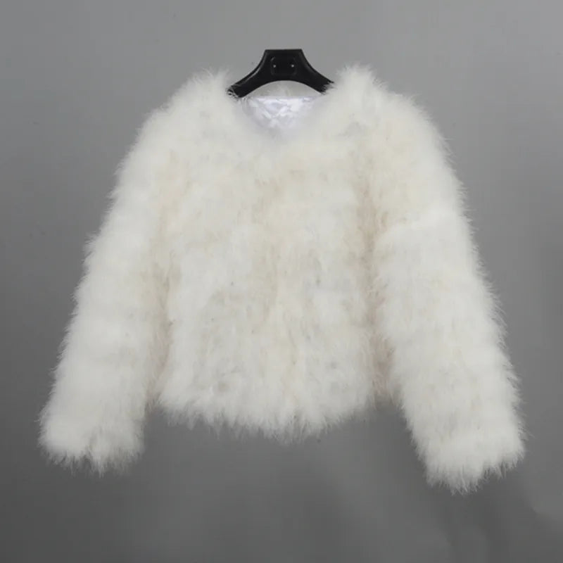 Women's Creamy White Furry Long Sleeve Casual Short Winter Jacket