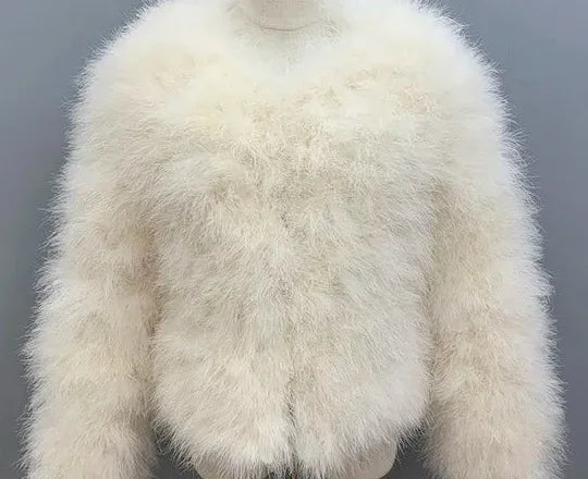 Women's Creamy White Furry Long Sleeve Casual Short Winter Jacket