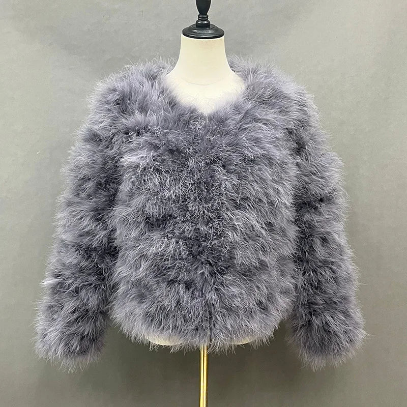 Women's Dark Gray Furry Long Sleeve Casual Short Winter Jacket