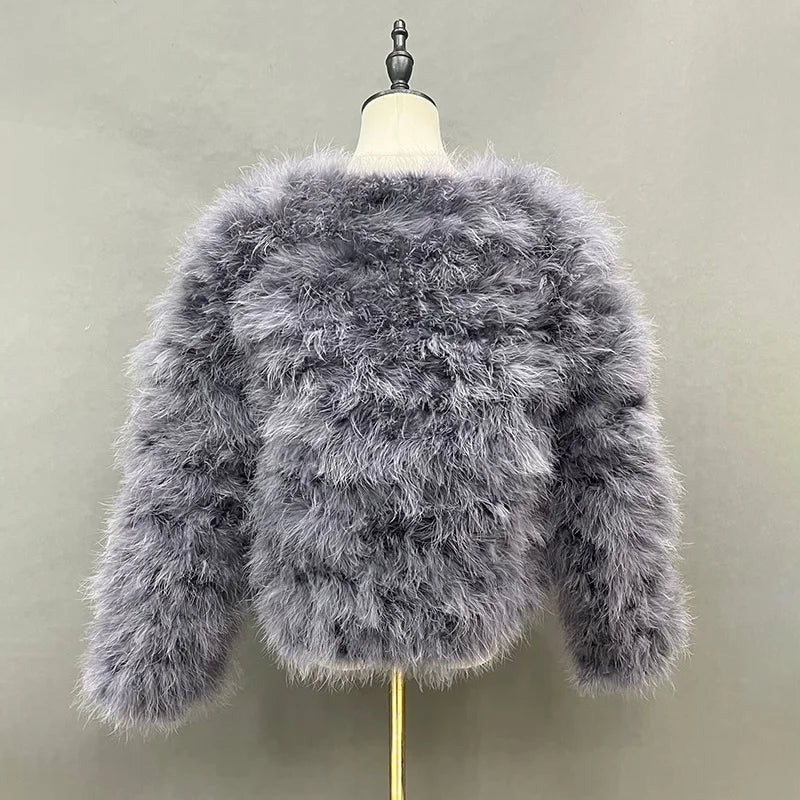 Women's Dark Gray Furry Long Sleeve Casual Short Winter Jacket