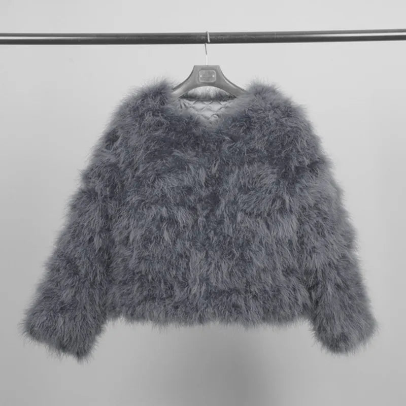 Women's Dark Gray Furry Long Sleeve Casual Short Winter Jacket