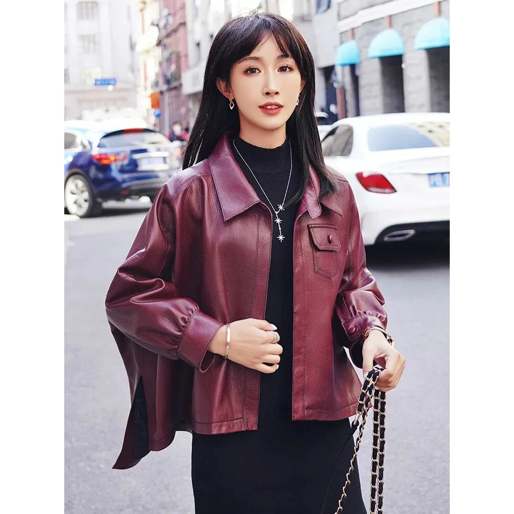 Women's Genuine Leather Printed Bubble Loose Fit Street Jacket