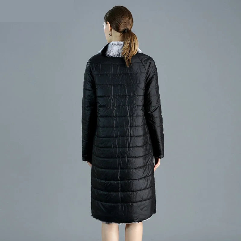 Women's Natural Rex Rabbit Fur Down Two-Side Wear Long Winter Jacket